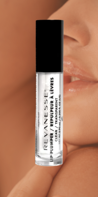 A tube Revanesse Clear Lip Plumper treatment in front of full, volumized lips